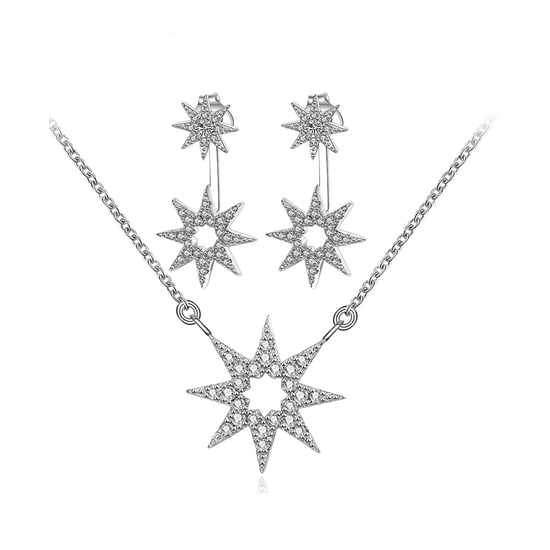 Set : Women's Necklace and Earrings in Silver Plated, Star in Cubic Zirconia White