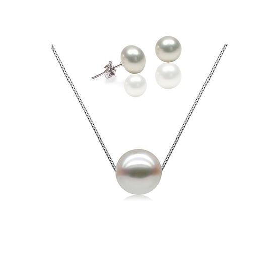 Set : White Freshwater Pearls Necklace and Earrings 925 Silver Mounting
