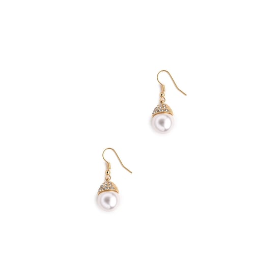 White Pearl and Crystal Drop Earrings and Yellow Gold plated