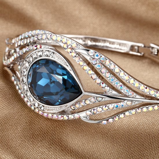Swarovski - Blue Swarovski Crystal Elements Peacock Feather Bangle Bracelet