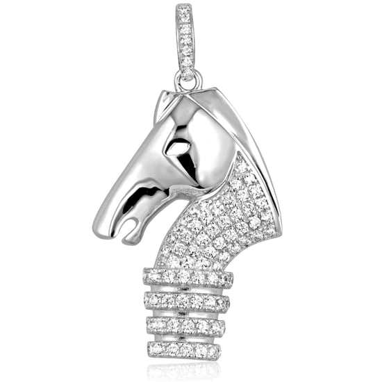 Swarovski - Zilveren oorbellen met een hanger van het schaakstuk Paard met 76 witte Swarovski-zirkoniakristallen. - Image 2