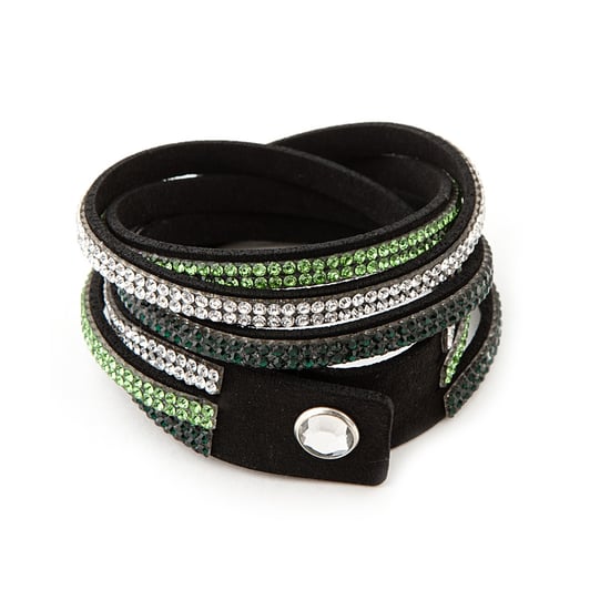 Swarovski - White and Green Swarovski Crystal Elements and Black Leather 3 Rows Bracelet