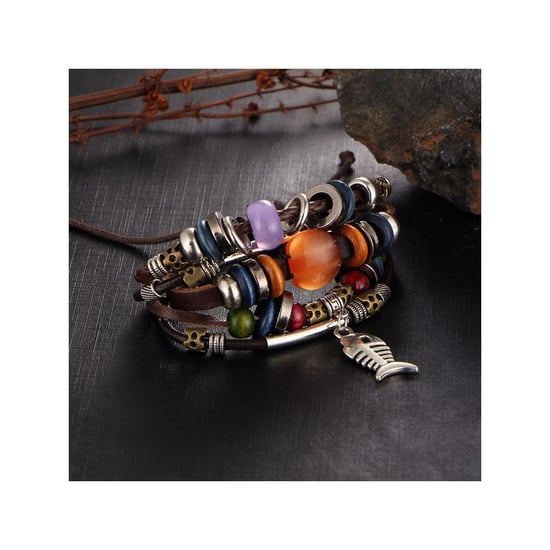 Brown Leather Multi Rows Beads, Fish and Stainless Steel Man Bracelet