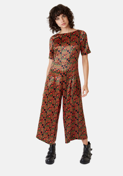 Bianca Satin Geometric Jumpsuit in Khaki Green and Orange