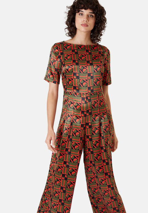 Bianca Satin Geometric Jumpsuit in Khaki Green and Orange