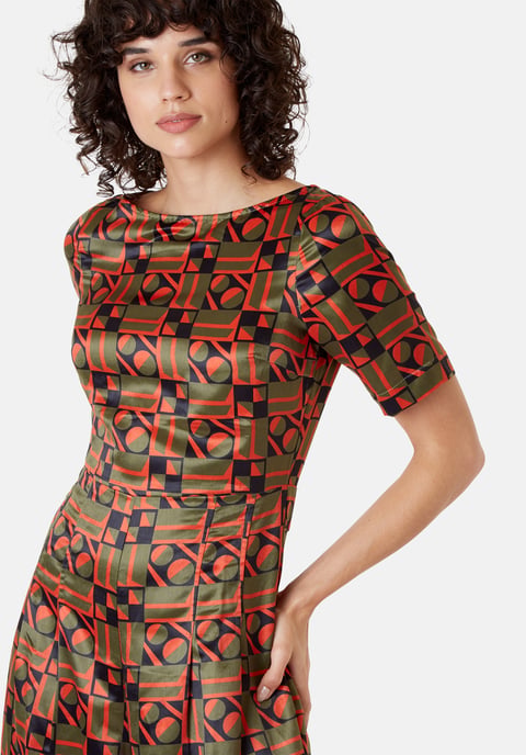 Bianca Satin Geometric Jumpsuit in Khaki Green and Orange