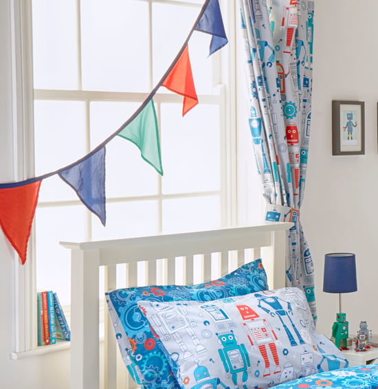 Robot Printed Pencil Pleat Curtains in Blue - Image 1