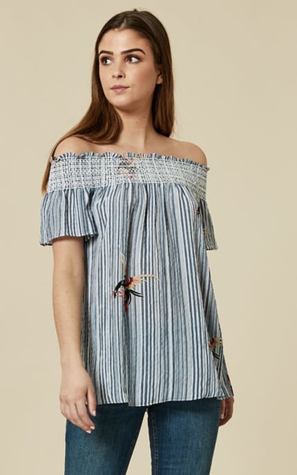 Maya Bay Off the Shoulder Stripe and Bird Top in