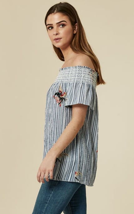 Maya Bay Off the Shoulder Stripe and Bird Top in