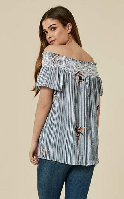 Maya Bay Off the Shoulder Stripe and Bird Top in