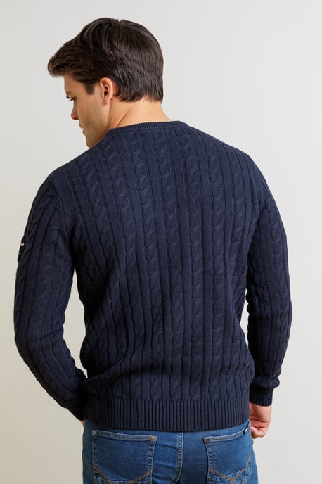 Dark Navy Regular Fit Cotton Rich Cable Knit Crew Neck Jumper - Image 2
