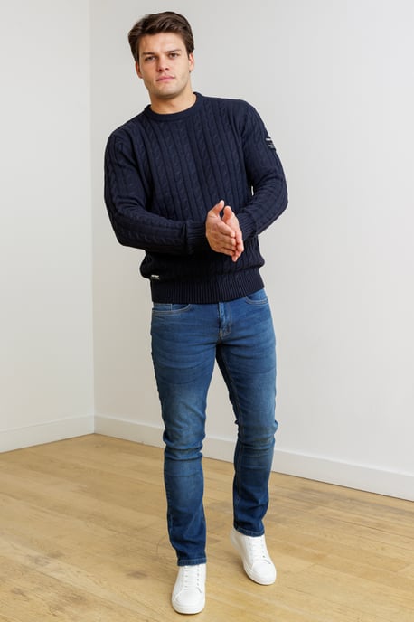 Dark Navy Regular Fit Cotton Rich Cable Knit Crew Neck Jumper - Image 4