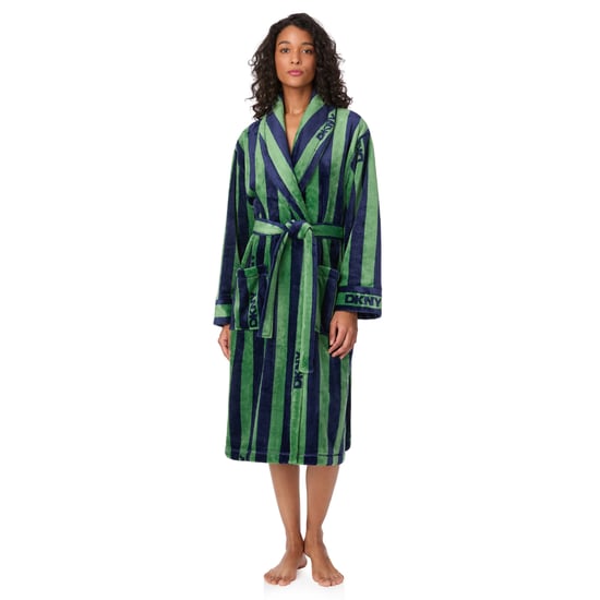 DKNY Long Sleeve Mid-Length Fleece Robe Green Stripe - Image 1