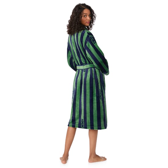 DKNY Long Sleeve Mid-Length Fleece Robe Green Stripe - Image 2