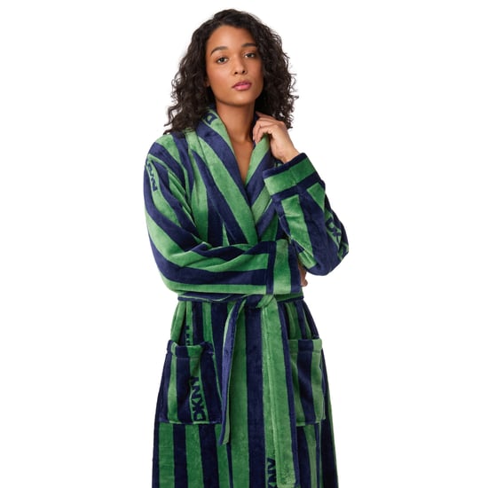 DKNY Long Sleeve Mid-Length Fleece Robe Green Stripe - Image 3