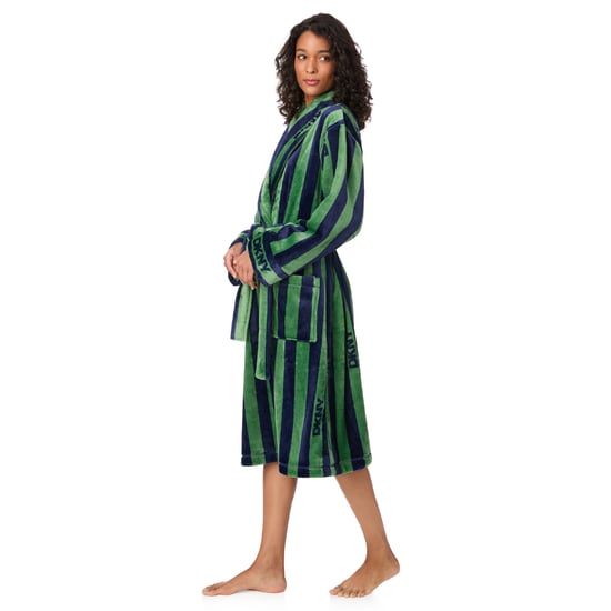 DKNY Long Sleeve Mid-Length Fleece Robe Green Stripe - Image 4