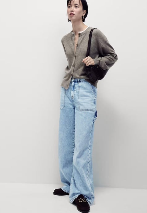 M&S Womens Relaxed High Waisted Carpenter Wide Leg Jeans in Light Blue - Image 5