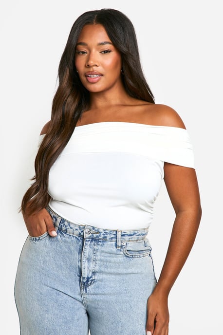 Plus Bardot Ruched Curved Hem Top - Image 1