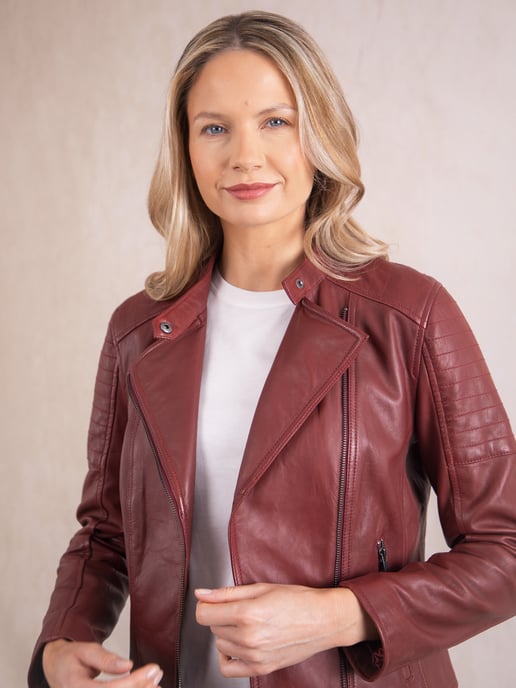 Nicole Leather Biker Jacket in Red - Image 3