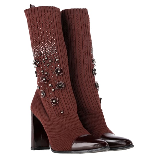 Stuart Weitzman Embellished Knitted Sock Ankle Boots in Brown Wool - Image 4
