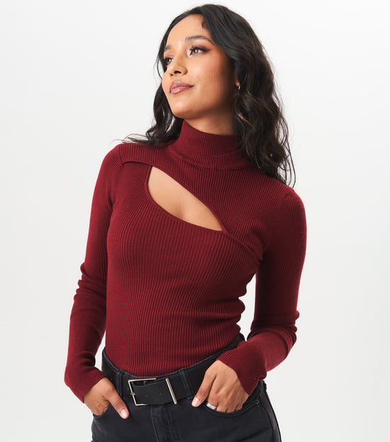 Burgundy High Neck Cut Out Detail Jumper - Image 1