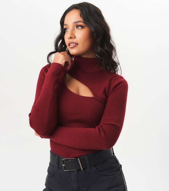 Burgundy High Neck Cut Out Detail Jumper - Image 3