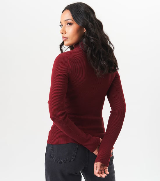 Burgundy High Neck Cut Out Detail Jumper - Image 4