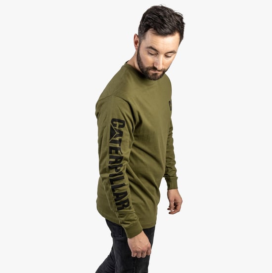 CAT TRADEMARK BANNER Mens Cotton Long Sleeve T-Shirt Green - Image 1