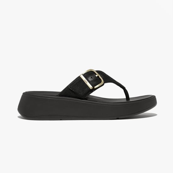 F-MODE BUCKLE SHIMMERLUX FLATFORM Womens Toe Post Black - Image 1