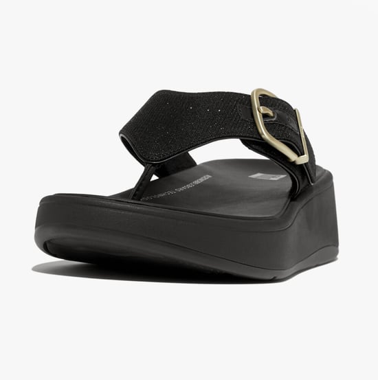 F-MODE BUCKLE SHIMMERLUX FLATFORM Womens Toe Post Black - Image 2