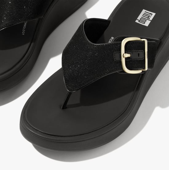 F-MODE BUCKLE SHIMMERLUX FLATFORM Womens Toe Post Black - Image 3