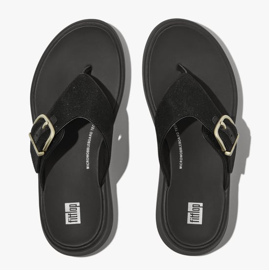 F-MODE BUCKLE SHIMMERLUX FLATFORM Womens Toe Post Black - Image 4