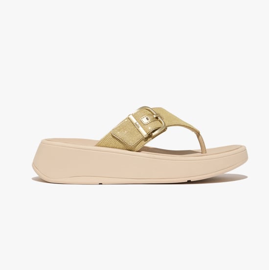F-MODE BUCKLE SHIMMERLUX FLATFORM Womens Toe Post Platino - Image 1