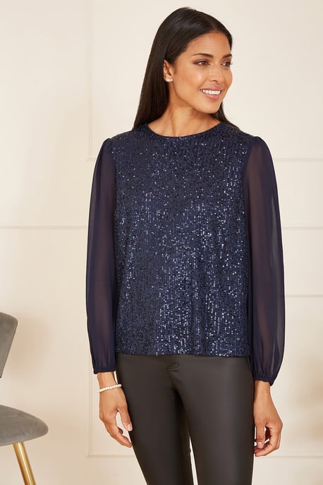 Navy Sequin Top With Sheer Sleeves - Image 1