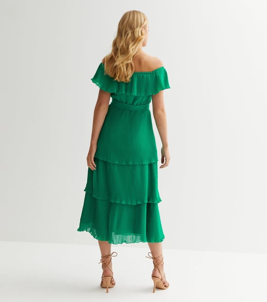 Green Pleated Tiered Bardot Midaxi Dress - Image 4