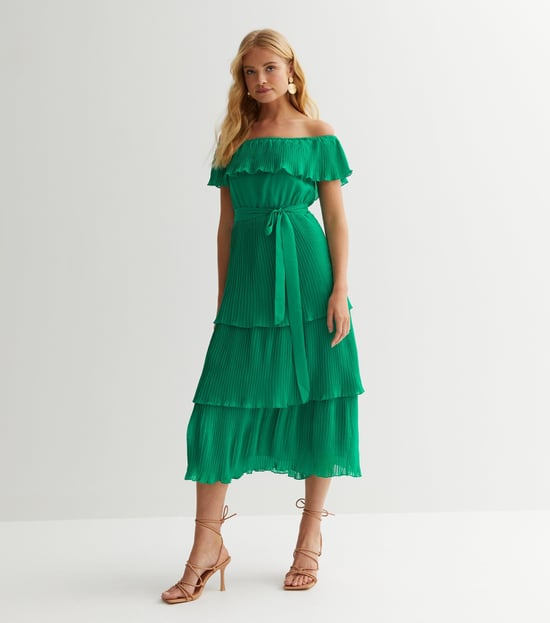 Green Pleated Tiered Bardot Midaxi Dress - Image 3