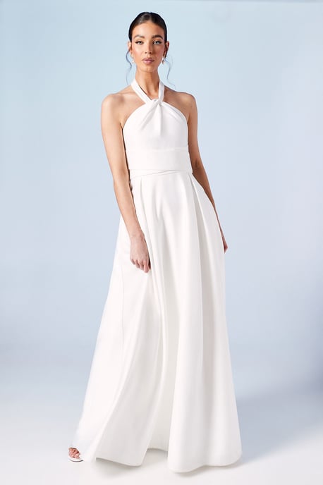 Structured Satin Halterneck Bow Back Wedding Dress - Image 1