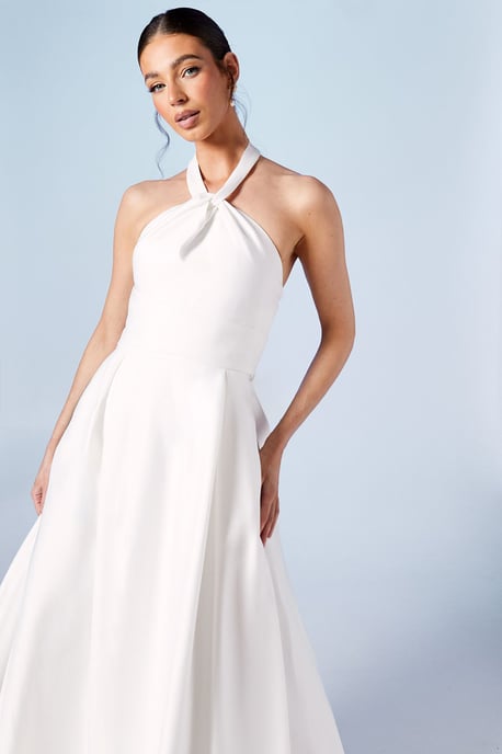 Structured Satin Halterneck Bow Back Wedding Dress - Image 2