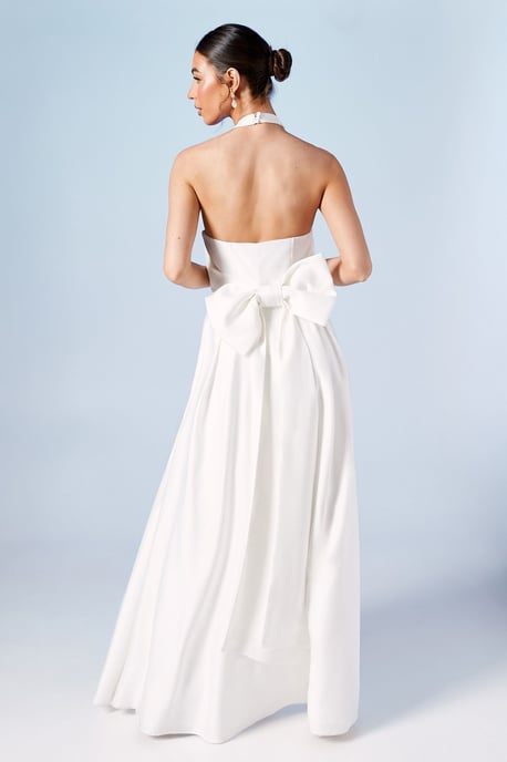 Structured Satin Halterneck Bow Back Wedding Dress - Image 3