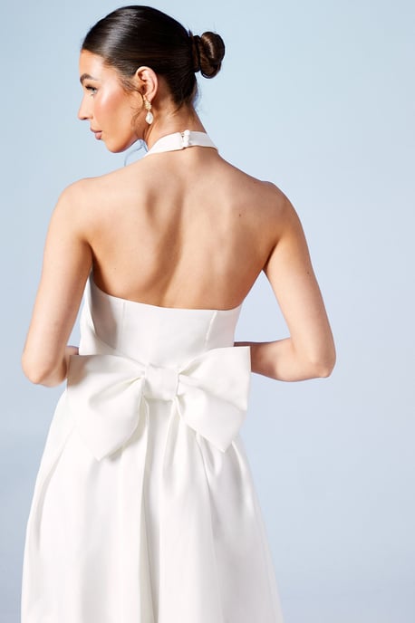 Structured Satin Halterneck Bow Back Wedding Dress - Image 5