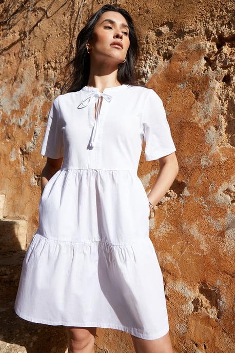 White Tiered Jersey Poplin Mini Dress - Image 5