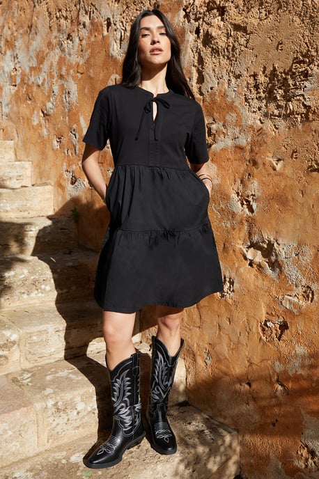 Black Tiered Jersey Poplin Mini Dress - Image 1