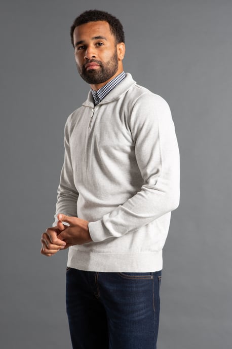 Light Grey Mock Checked Shirt 1/4 Zip Jumper - Image 1