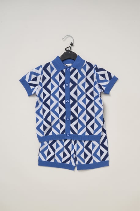 True Knit Patterned Polo Shirt and Shorts Outfit Set - Image 2