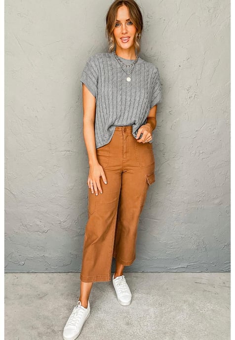 Gray Crew Neck Cable Knit Short Sleeve Sweater - Image 2