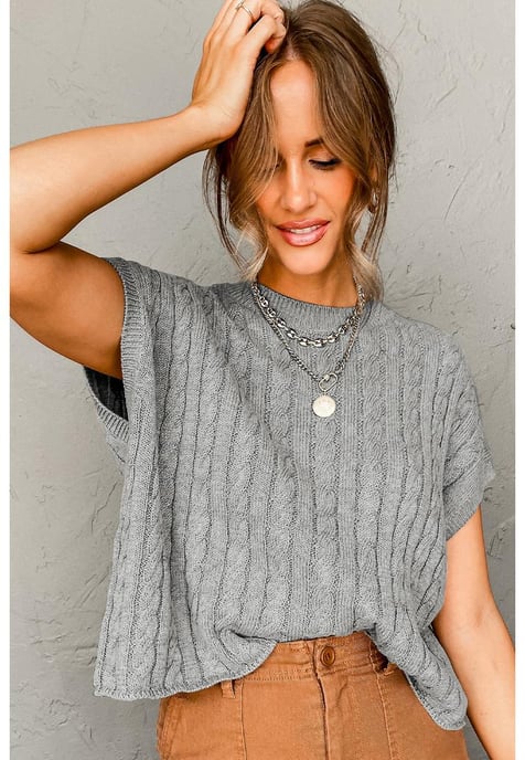 Gray Crew Neck Cable Knit Short Sleeve Sweater - Image 3