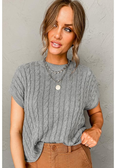 Gray Crew Neck Cable Knit Short Sleeve Sweater - Image 4