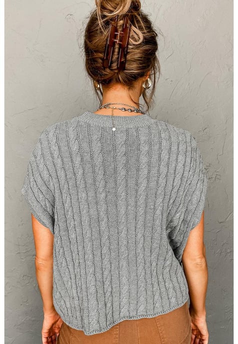 Gray Crew Neck Cable Knit Short Sleeve Sweater - Image 5