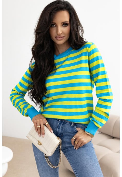 Green Stripe Crew Neck Drop Shoulder Casual Sweater - Image 3