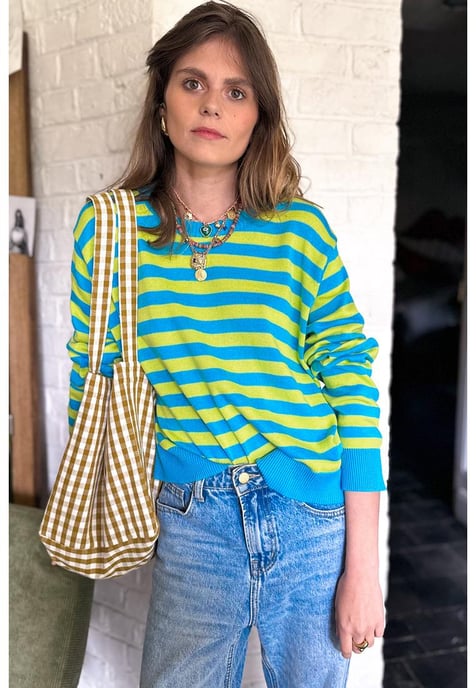 Green Stripe Crew Neck Drop Shoulder Casual Sweater - Image 5